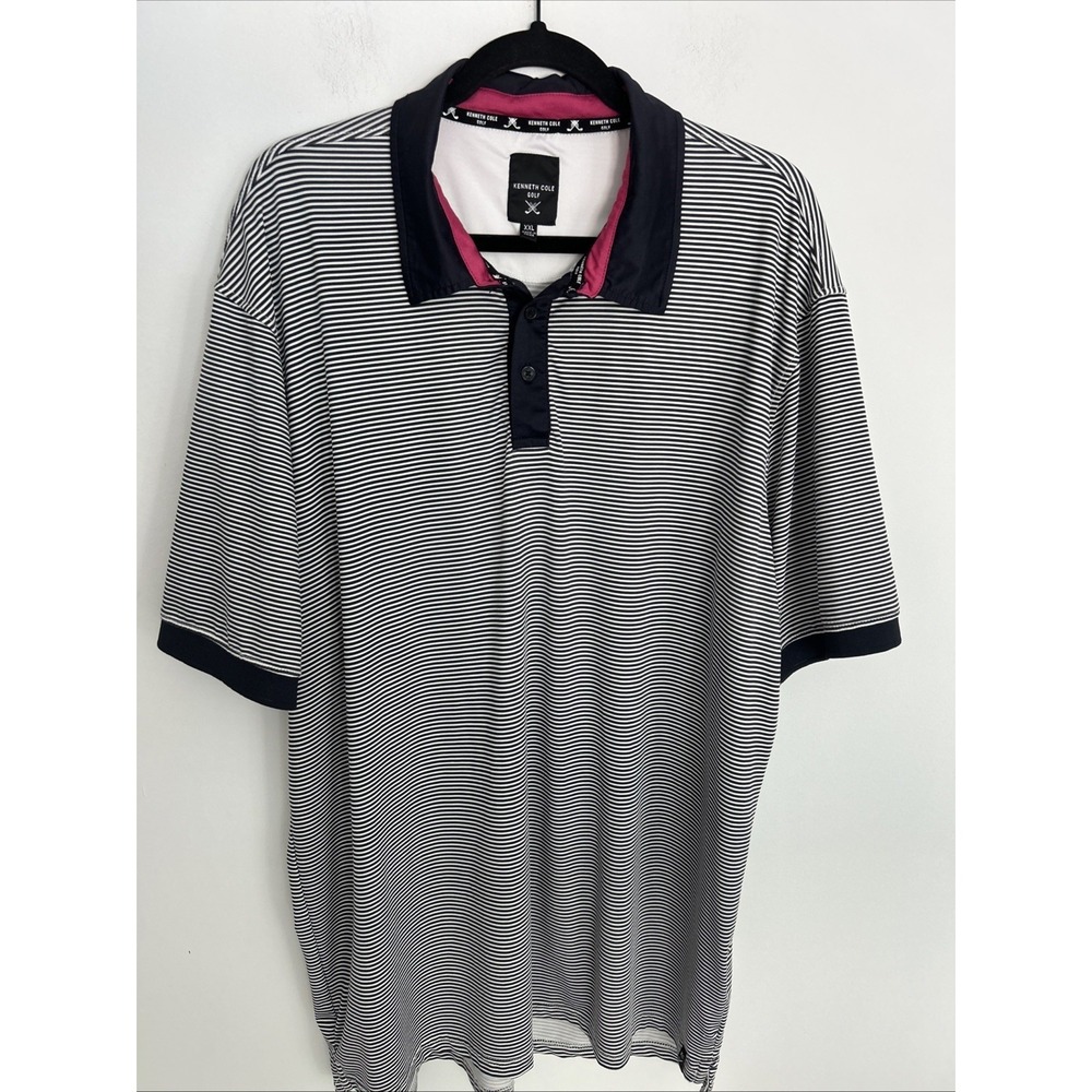 Kenneth Cole Men's Golf Polo XXL Short Sleeve Black White Stripe Collared Button